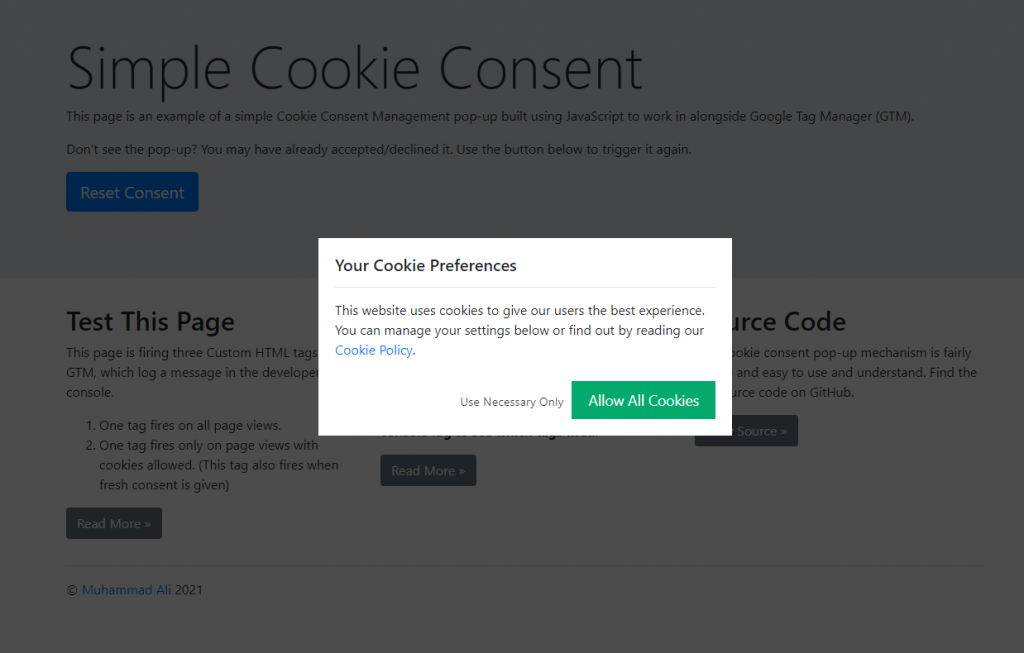 Simple Cookie Consent using JS and GTM